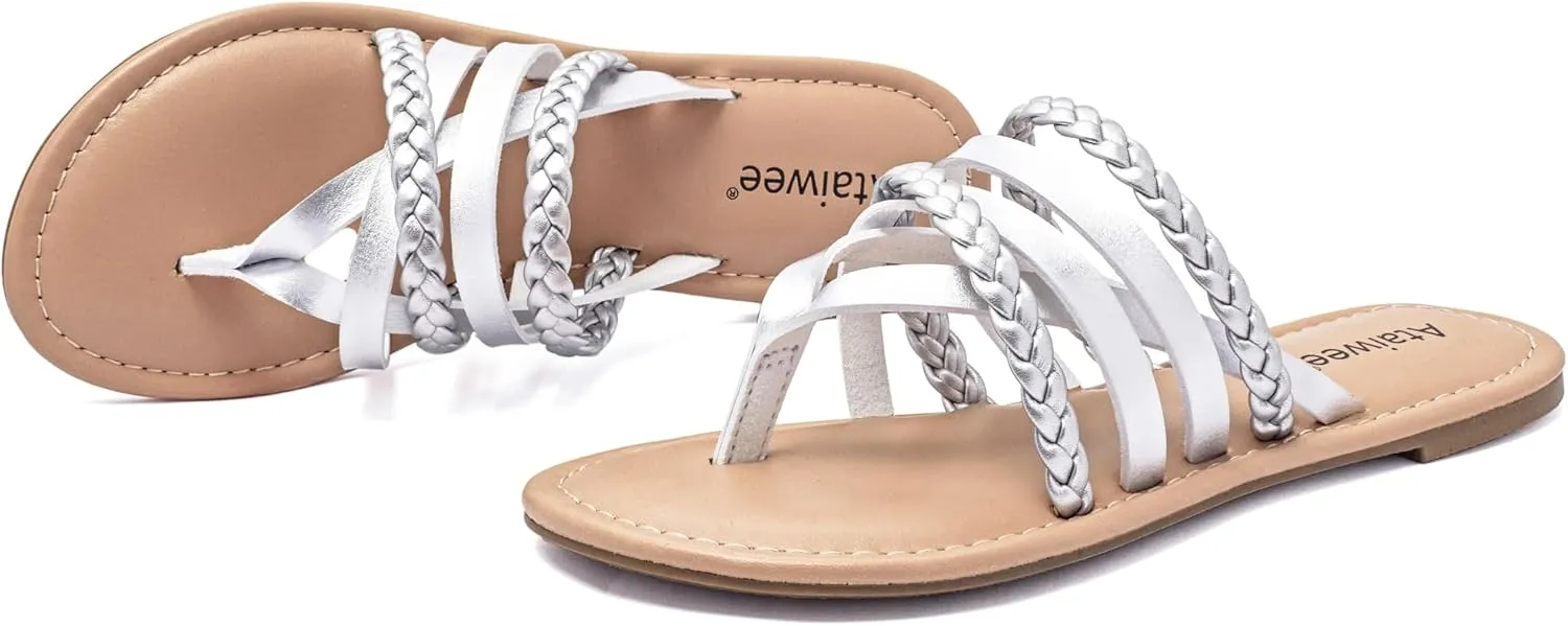 Ataiwee Women's Slide Flat Sandals - Comfortable Slip On Plait Toe Thong Strappy Spring Summer Shoes.