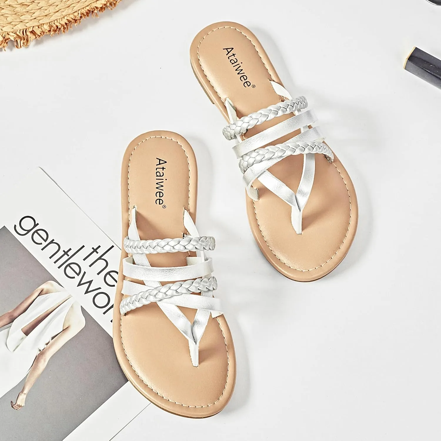 Ataiwee Women's Slide Flat Sandals - Comfortable Slip On Plait Toe Thong Strappy Spring Summer Shoes.