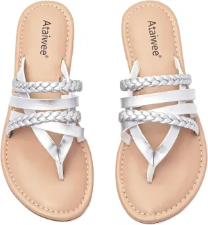 Ataiwee Women's Slide Flat Sandals - Comfortable Slip On Plait Toe Thong Strappy Spring Summer Shoes.