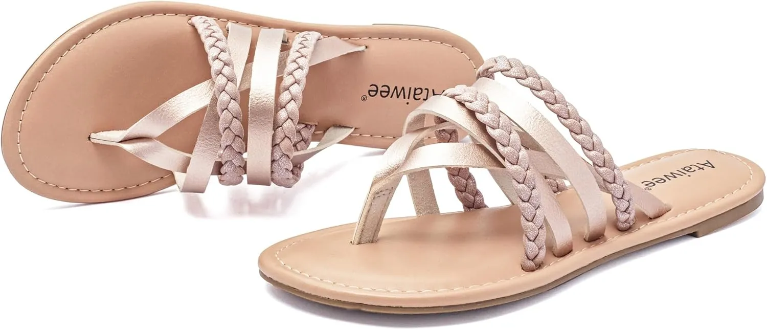 Ataiwee Women's Slide Flat Sandals - Comfortable Slip On Plait Toe Thong Strappy Spring Summer Shoes.