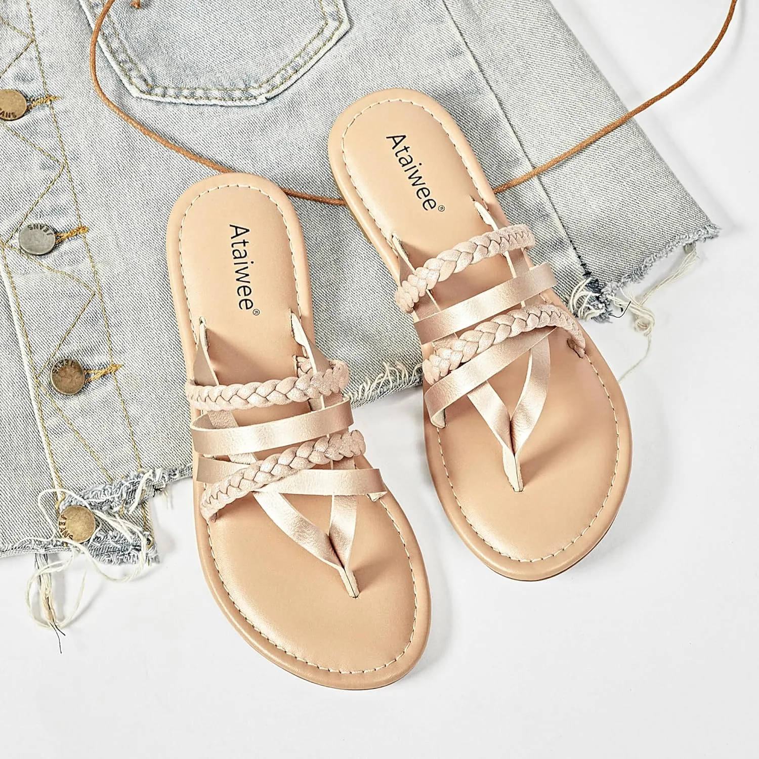 Ataiwee Women's Slide Flat Sandals - Comfortable Slip On Plait Toe Thong Strappy Spring Summer Shoes.