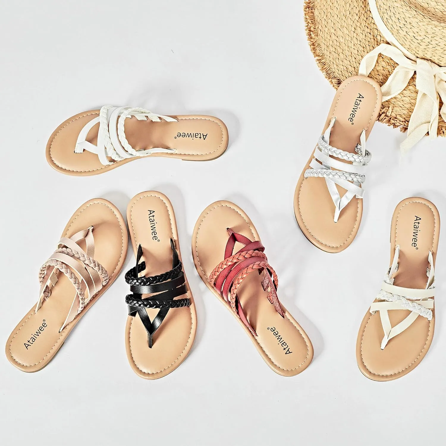 Ataiwee Women's Slide Flat Sandals - Comfortable Slip On Plait Toe Thong Strappy Spring Summer Shoes.