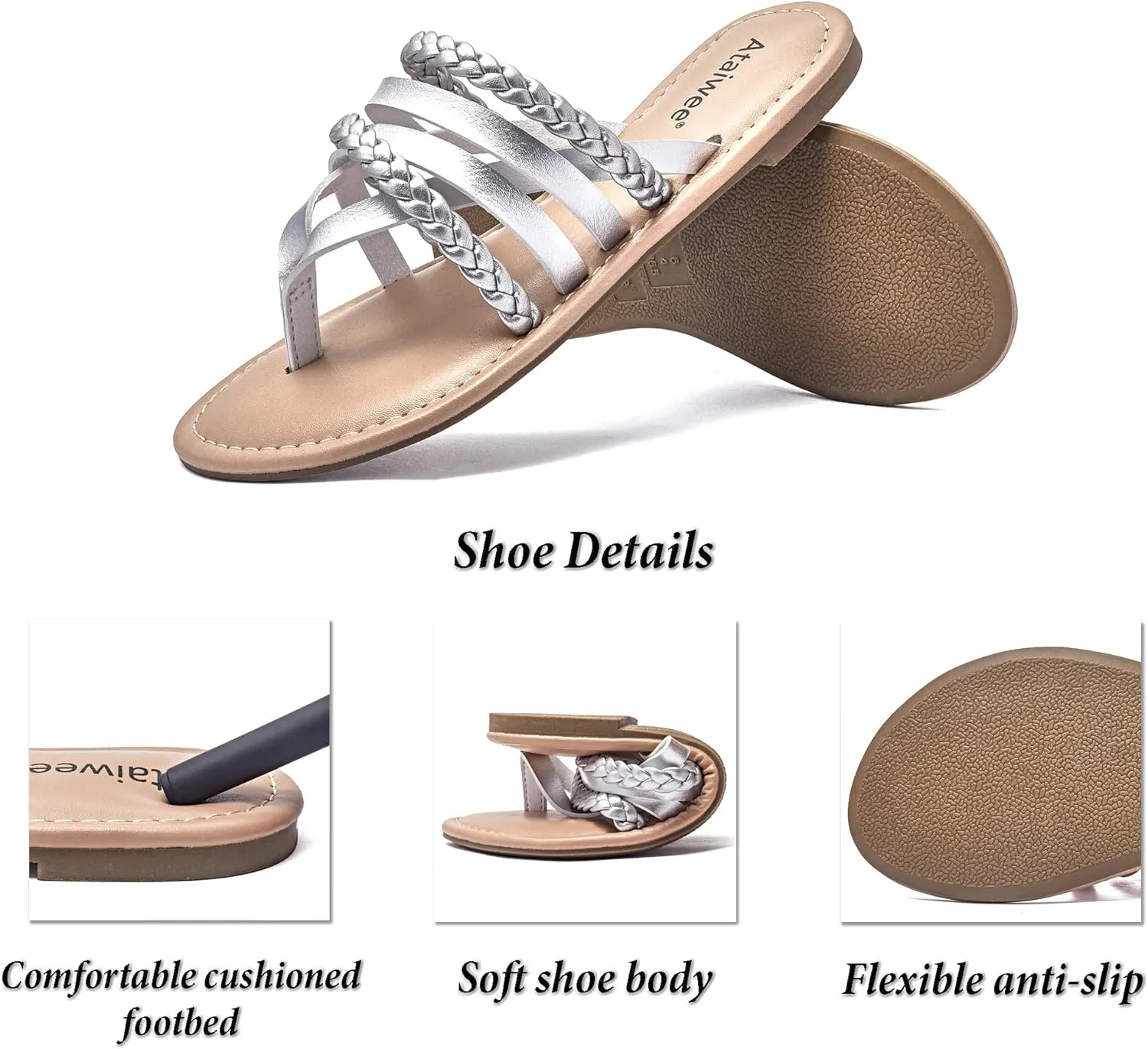 Ataiwee Women's Slide Flat Sandals - Comfortable Slip On Plait Toe Thong Strappy Spring Summer Shoes.