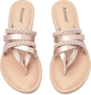 Ataiwee Women's Slide Flat Sandals - Comfortable Slip On Plait Toe Thong Strappy Spring Summer Shoes.