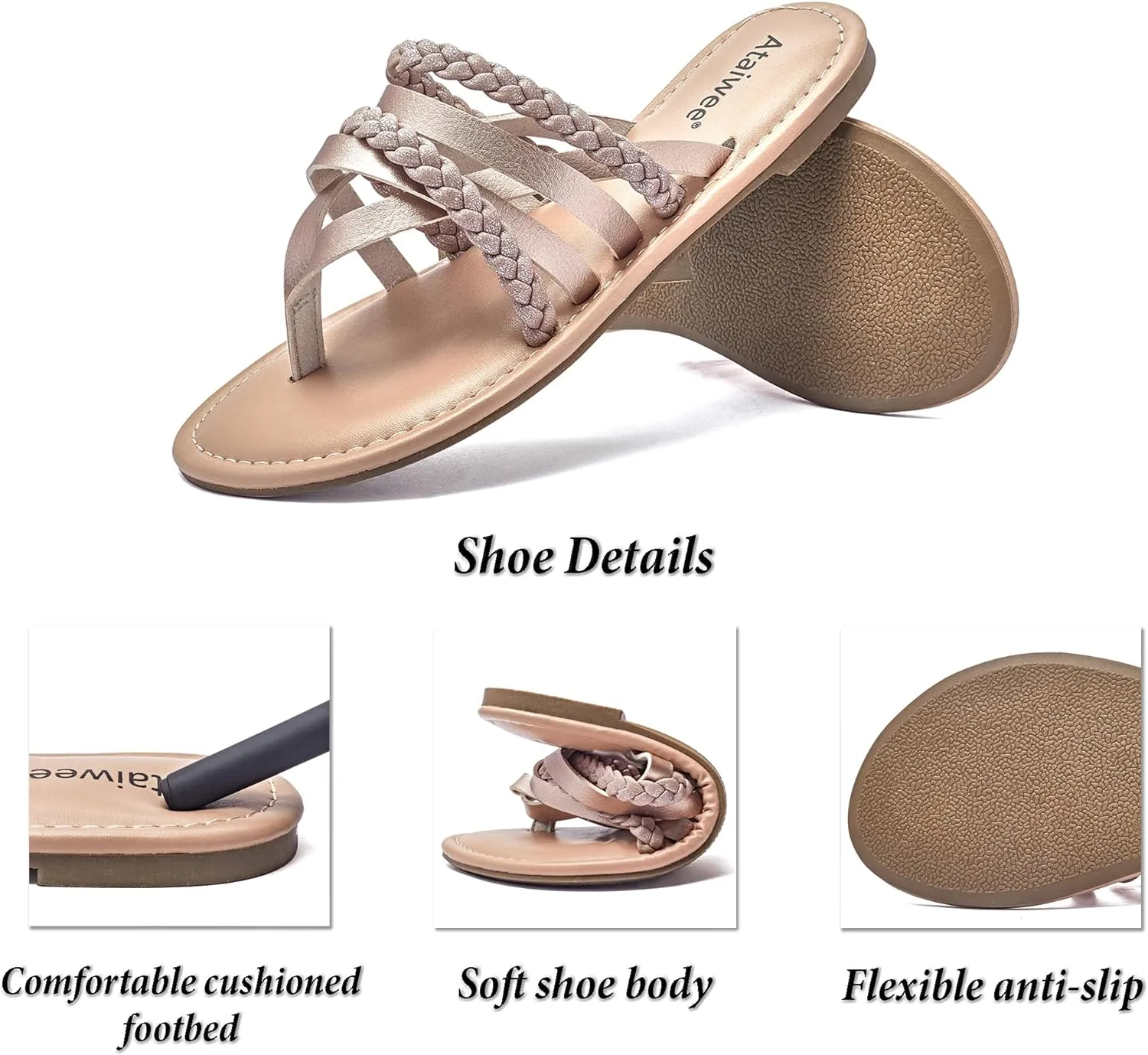 Ataiwee Women's Slide Flat Sandals - Comfortable Slip On Plait Toe Thong Strappy Spring Summer Shoes.