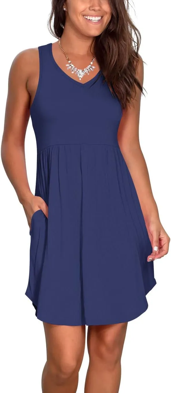 Atizon Casual Summer T Shirt Dress for Women V Neck Swing Elastic Tunic Short Sundress with Pockets