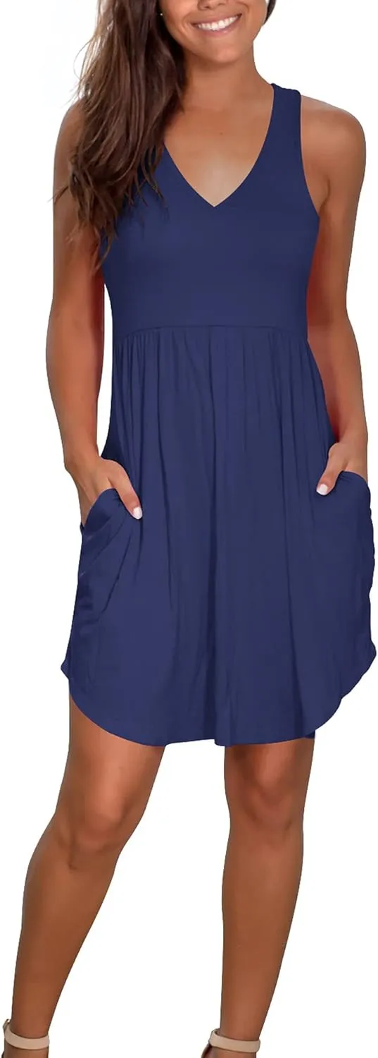 Atizon Casual Summer T Shirt Dress for Women V Neck Swing Elastic Tunic Short Sundress with Pockets