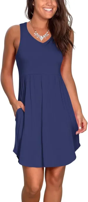 Atizon Casual Summer T Shirt Dress for Women V Neck Swing Elastic Tunic Short Sundress with Pockets