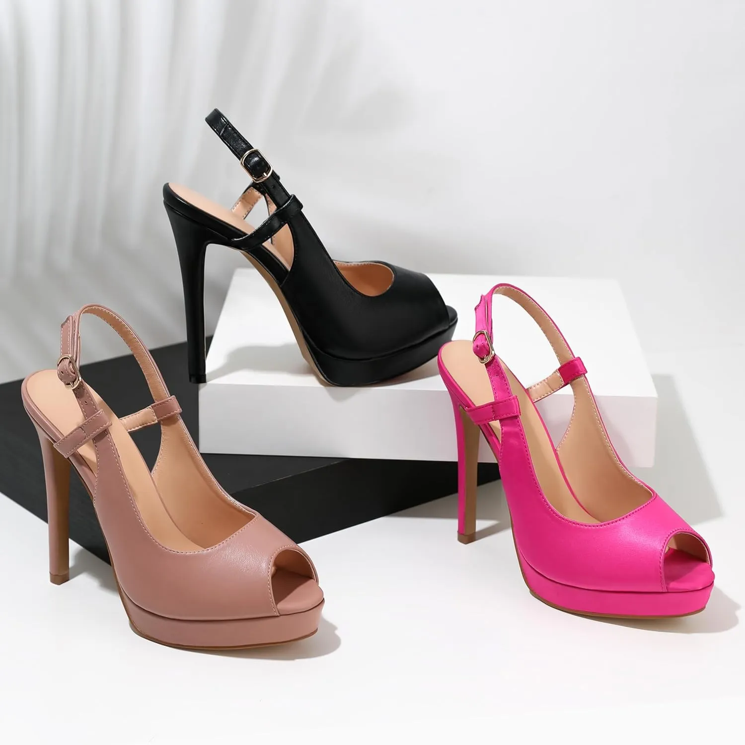 AUMOTED Women's High Heel Slingback Pumps Stilettos High Heels Patent Slingback Pumps Solid Peep Toe Platform Stilettos Pumps Dating Party Dress Shoes 4.7 Inch