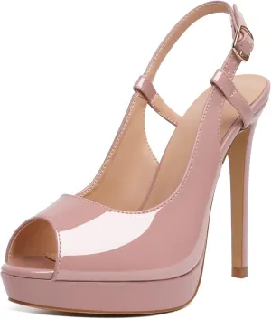 AUMOTED Women's High Heel Slingback Pumps Stilettos High Heels Patent Slingback Pumps Solid Peep Toe Platform Stilettos Pumps Dating Party Dress Shoes 4.7 Inch