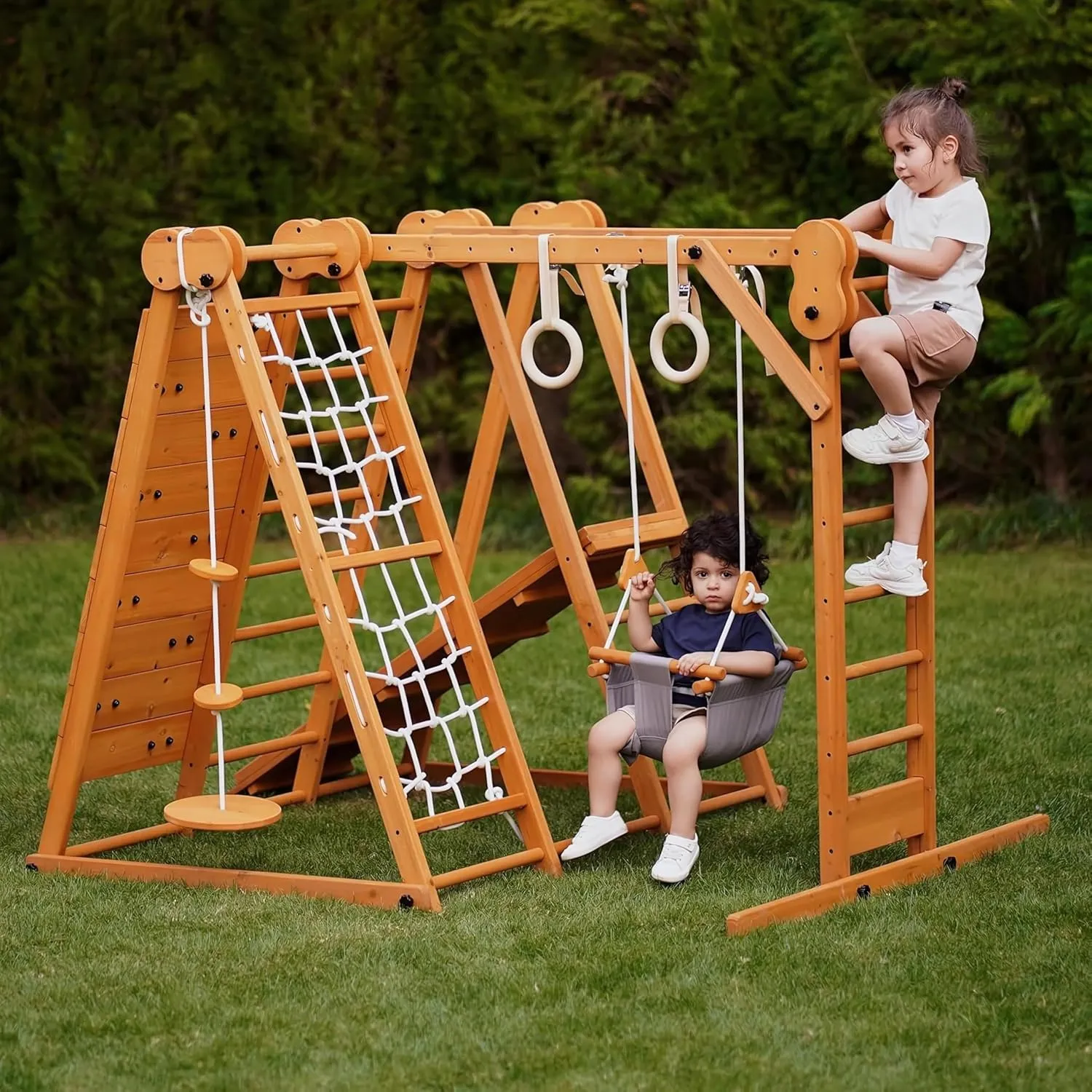 Avenlur Chestnut 7-in-1 Indoor/Outdoor Foldable Playset for Kids - with Slide, Climbing Wall, Monkey Bars, Swing, X-Large (82"x58"x60")