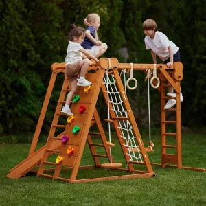 Avenlur Chestnut 7-in-1 Indoor/Outdoor Foldable Playset for Kids - with Slide, Climbing Wall, Monkey Bars, Swing, X-Large (82"x58"x60")