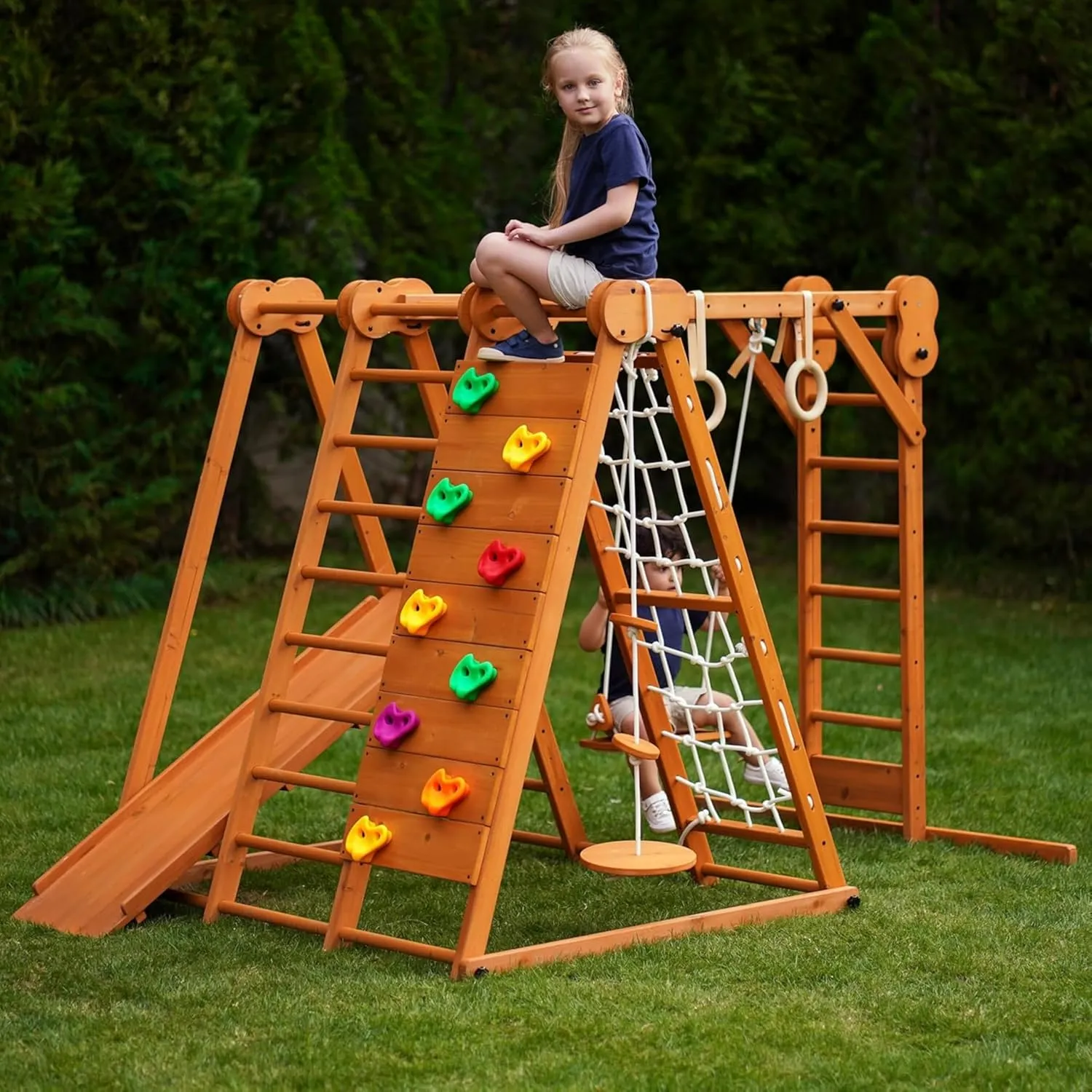 Avenlur Chestnut 7-in-1 Indoor/Outdoor Foldable Playset for Kids - with Slide, Climbing Wall, Monkey Bars, Swing, X-Large (82"x58"x60")