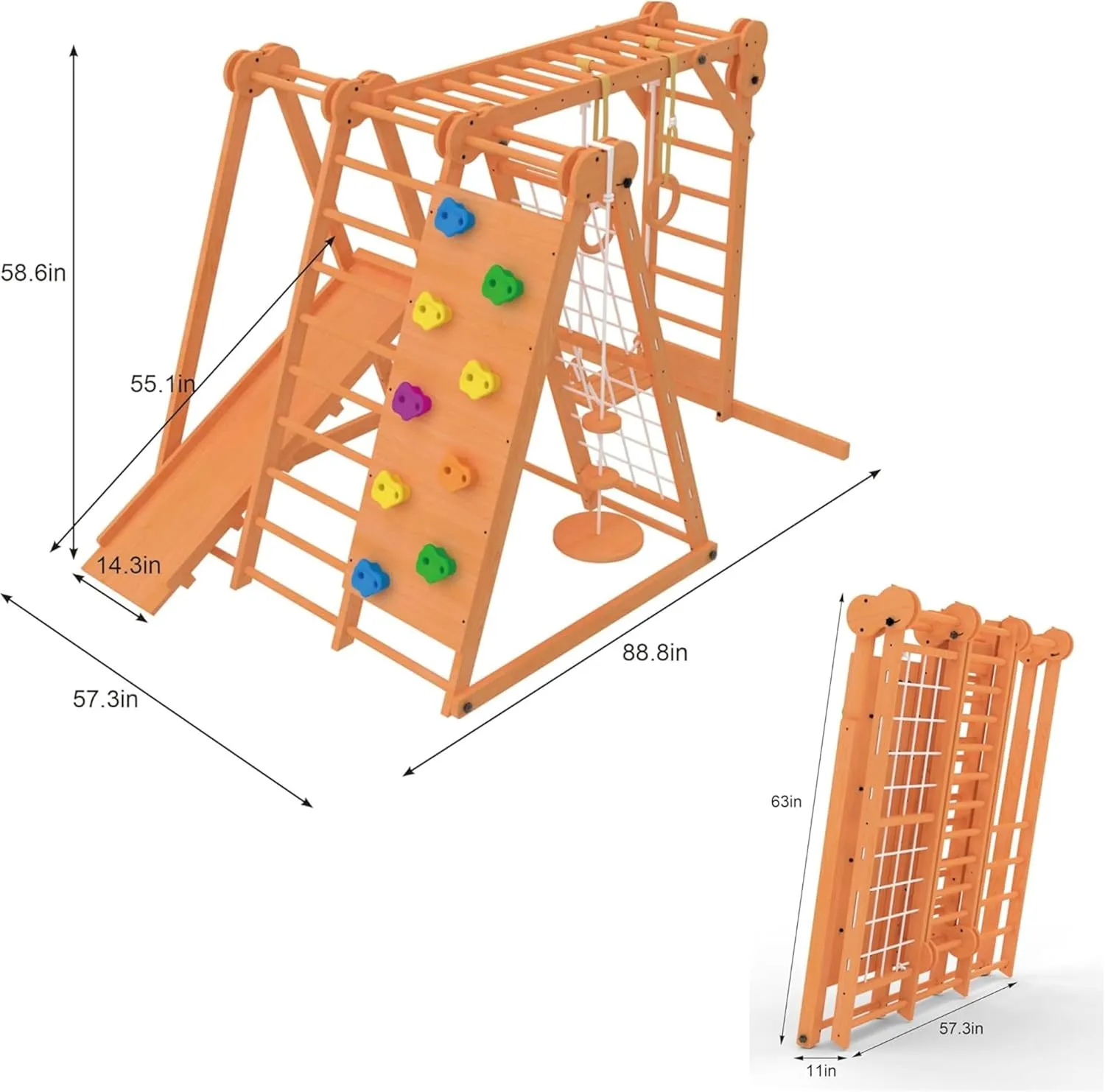 Avenlur Chestnut 7-in-1 Indoor/Outdoor Foldable Playset for Kids - with Slide, Climbing Wall, Monkey Bars, Swing, X-Large (82"x58"x60")