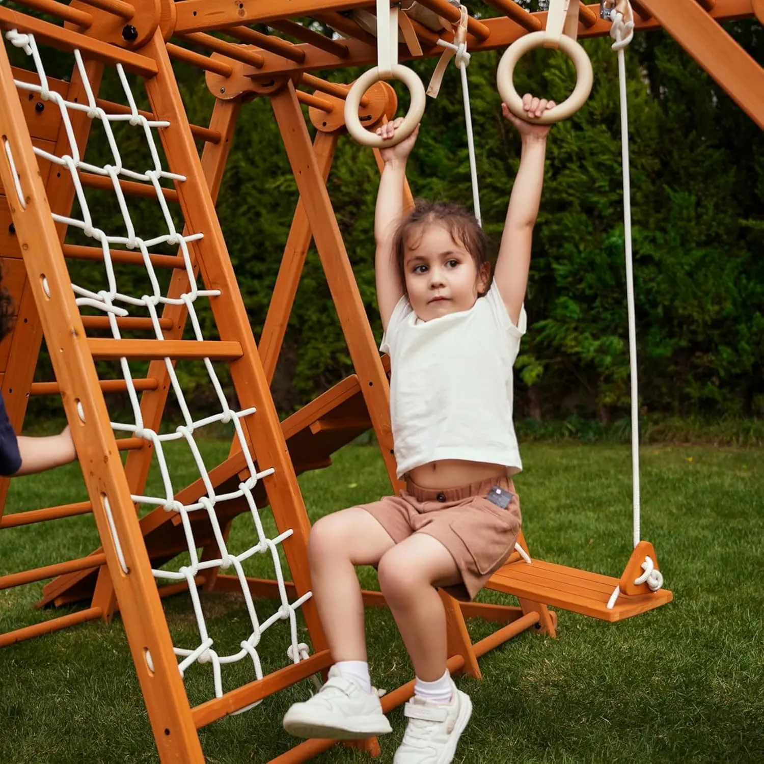 Avenlur Chestnut 7-in-1 Indoor/Outdoor Foldable Playset for Kids - with Slide, Climbing Wall, Monkey Bars, Swing, X-Large (82"x58"x60")