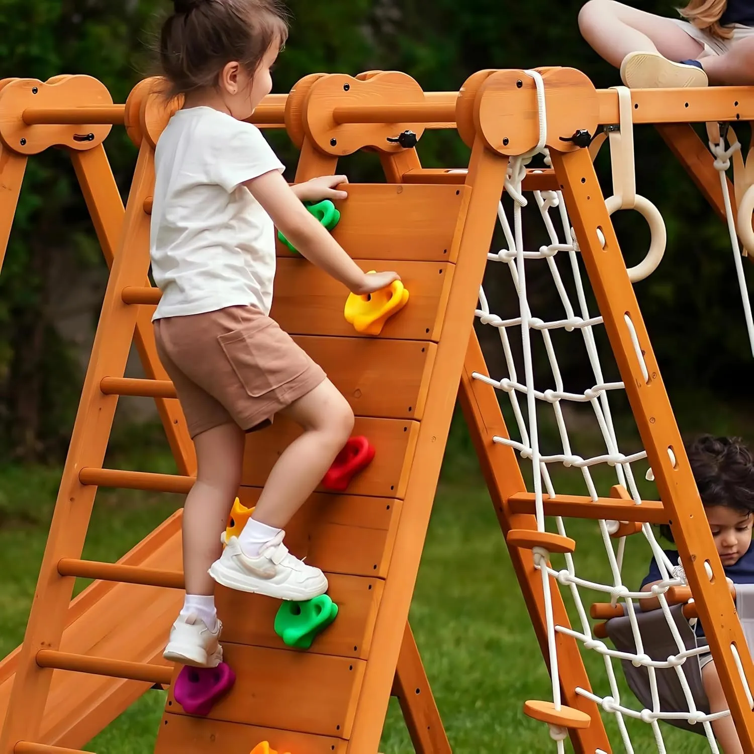 Avenlur Chestnut 7-in-1 Indoor/Outdoor Foldable Playset for Kids - with Slide, Climbing Wall, Monkey Bars, Swing, X-Large (82"x58"x60")