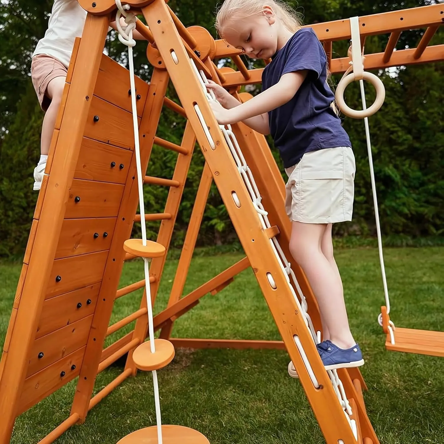 Avenlur Chestnut 7-in-1 Indoor/Outdoor Foldable Playset for Kids - with Slide, Climbing Wall, Monkey Bars, Swing, X-Large (82"x58"x60")