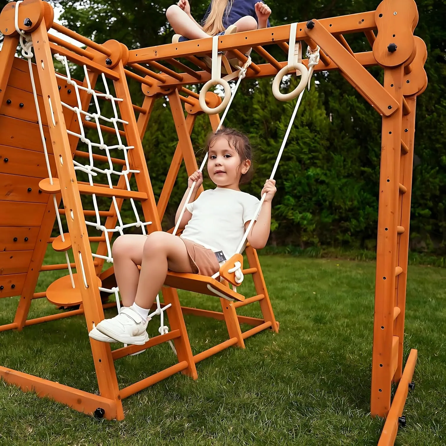Avenlur Chestnut 7-in-1 Indoor/Outdoor Foldable Playset for Kids - with Slide, Climbing Wall, Monkey Bars, Swing, X-Large (82"x58"x60")