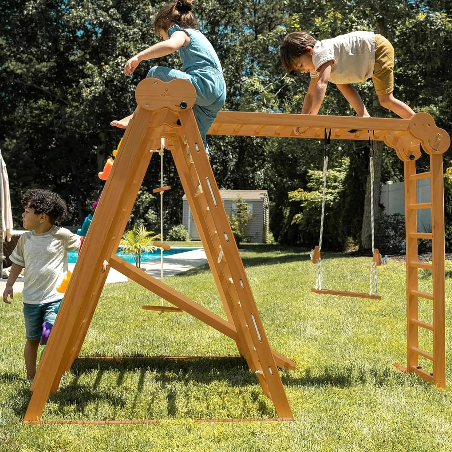 Avenlur Chestnut 7-in-1 Indoor/Outdoor Foldable Playset for Kids - with Slide, Climbing Wall, Monkey Bars, Swing, X-Large (82"x58"x60")