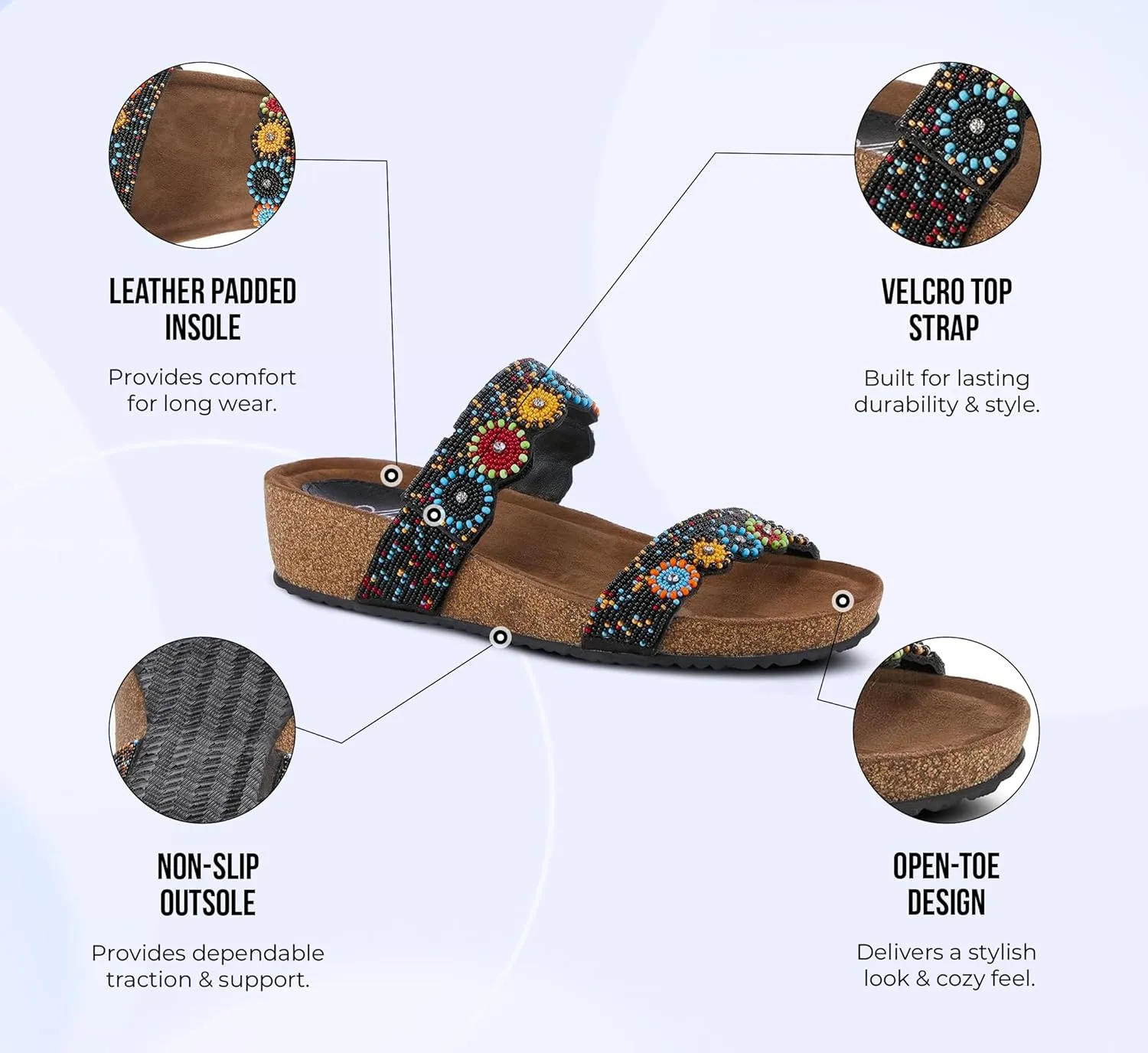 Azura Bahama Slide Sandals | Women's Footwear with Beads, Crystals & Cork Wedge