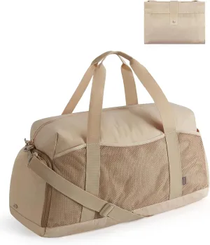 BAGSMART Foldable Duffle Bag for Women - 35L Carry On Weekender Overnight Sports Duffel with Shoe Compartment, Personal Item Travel Workout Bag for Travel Yoga, Camel