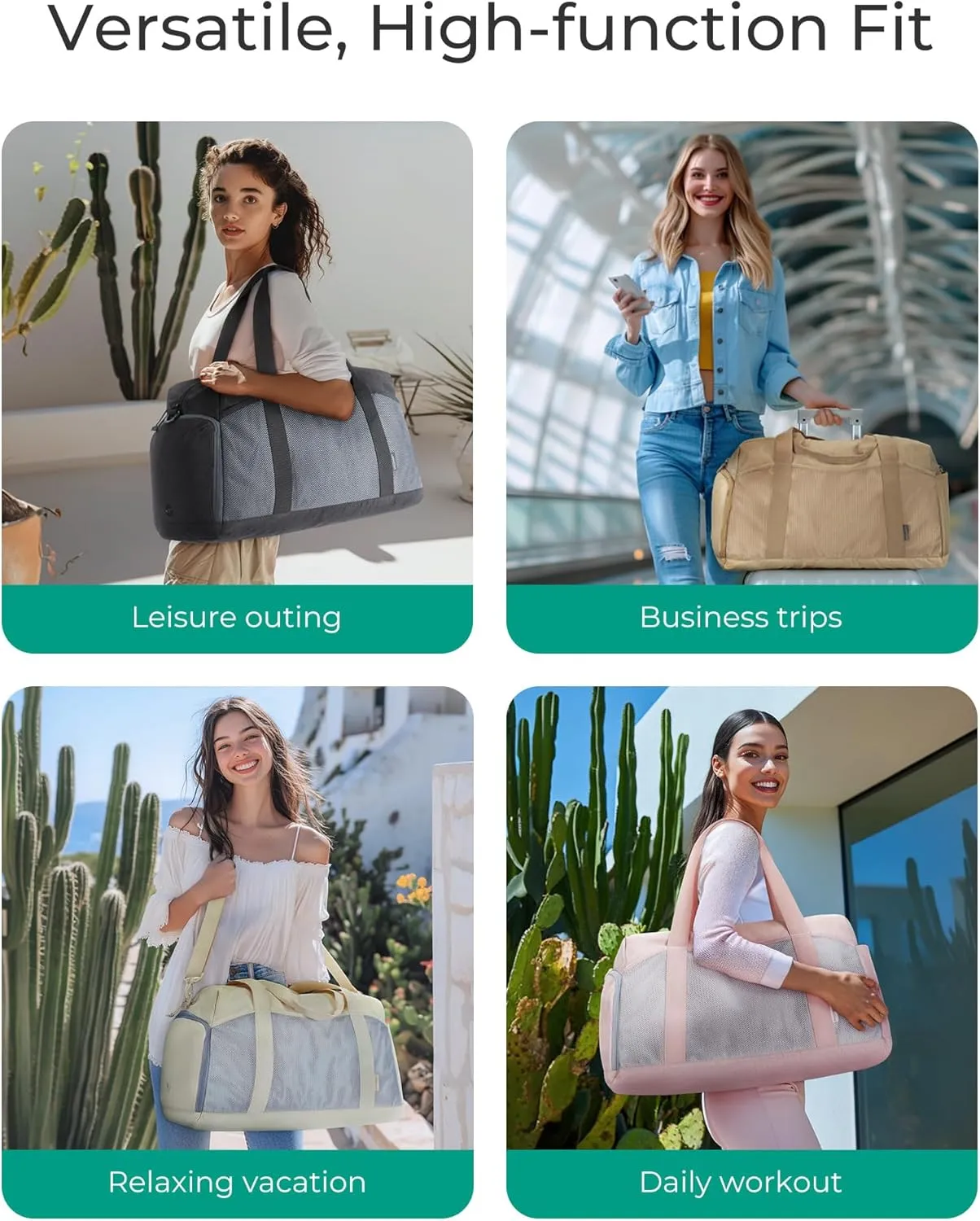 BAGSMART Foldable Duffle Bag for Women - 35L Carry On Weekender Overnight Sports Duffel with Shoe Compartment, Personal Item Travel Workout Bag for Travel Yoga, Camel