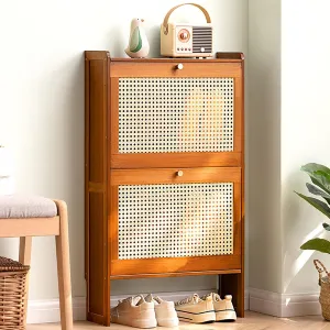Bamboo Shoe Cabinet nizer with Flip up Doors Free Standing Shoe Rack for Boots Heels and Slippers Slim Shoe Storage for Entryway Hallway Living Room 50x17x87cm (Walnut)