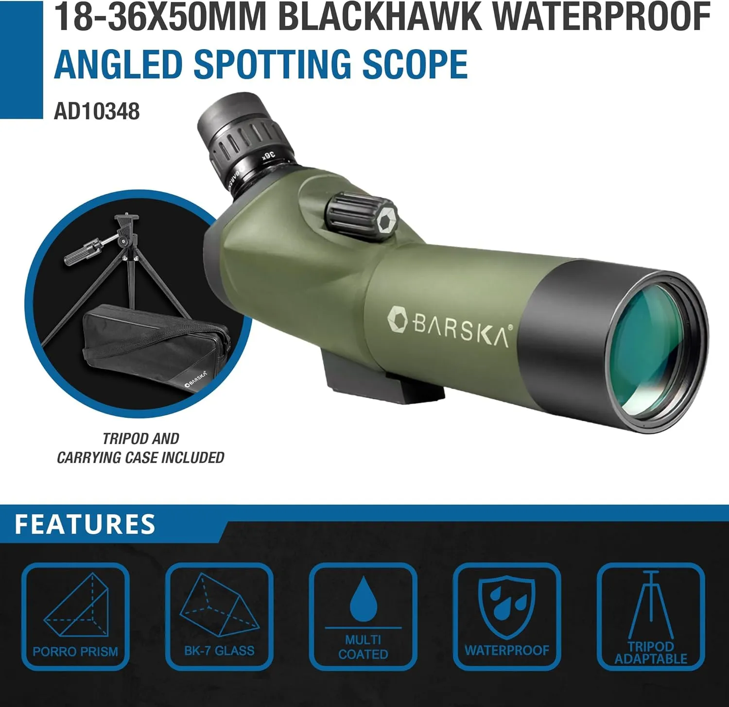 BARSKA Blackhawk Waterproof 18-36x50 Angled Green Spotting Scope with Tripod for Birding Hunting Shooting Travel Sport Events