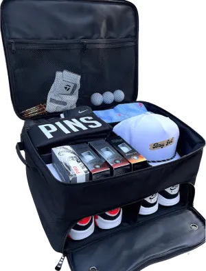 Bay Golf BG1 Golf Organizer for Car or SUV Water Resistant, 2 Level Gear Bag, Fits 2 Pairs of Shoes, Ventilated, Durable Storage for Balls, Tees, Clothes, Accessories. Black