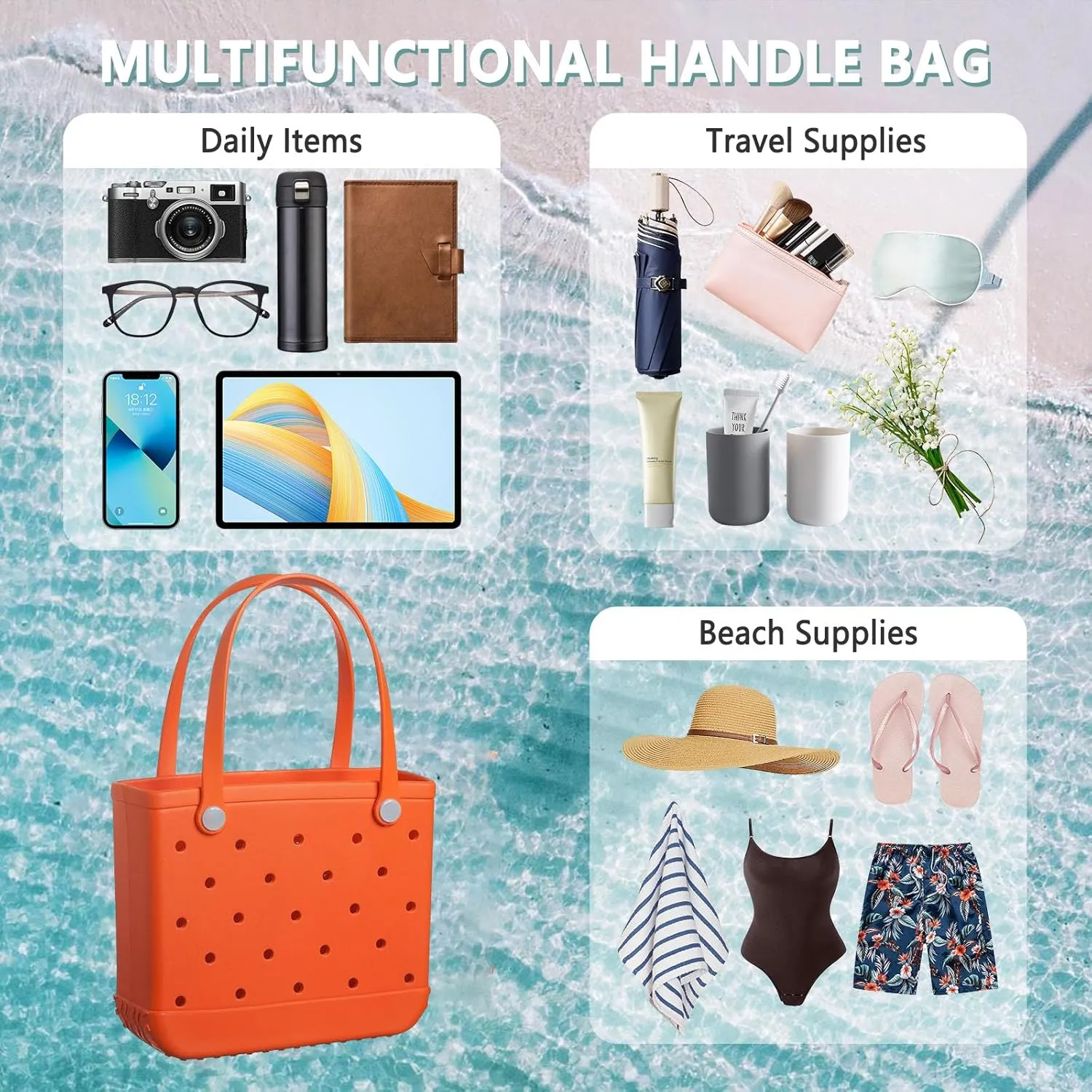 Beach Bag Rubber Small Tote Bag, Fashion Travel Bag for Women, Waterproof Handbag for Sports, Pool, Beach