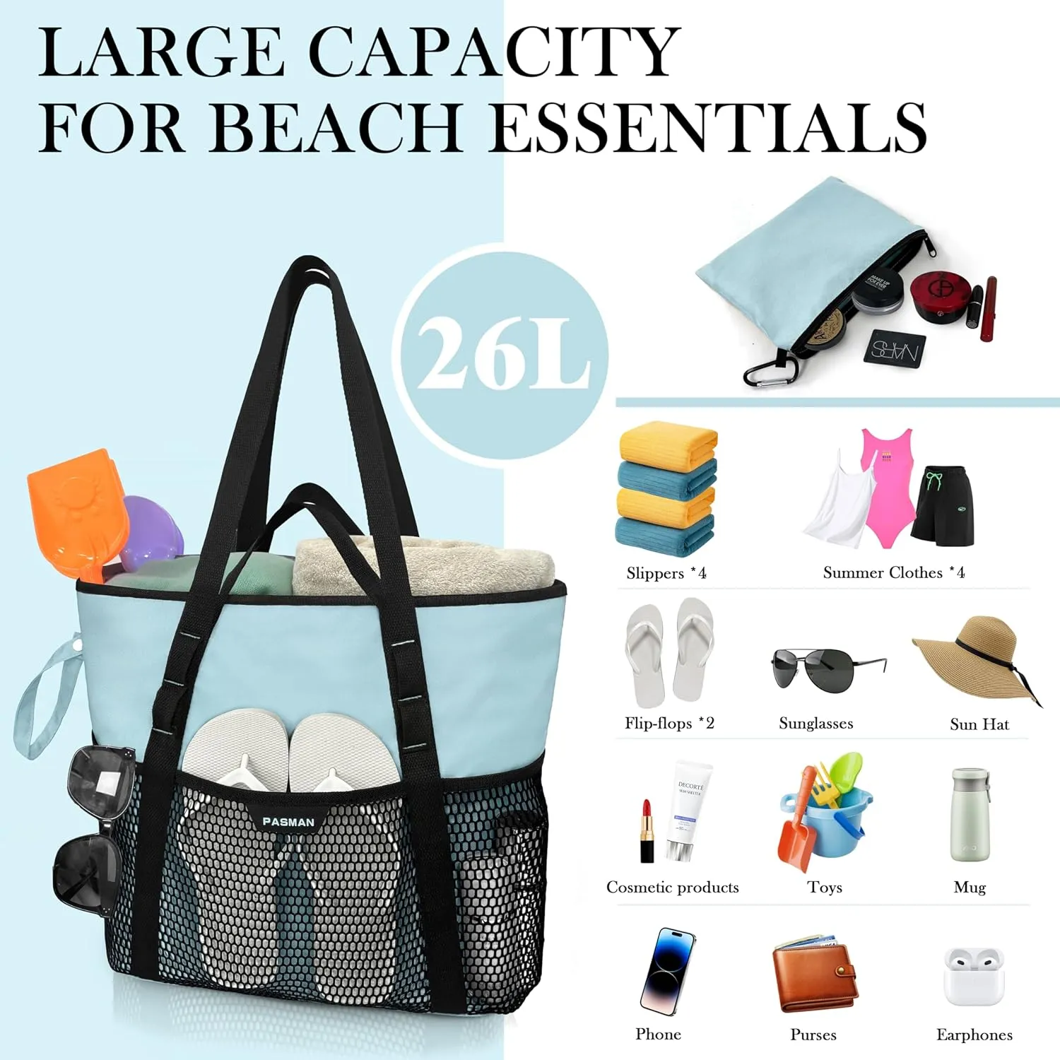 Beach Bag with Zipper - 8 Pockets Sandproof Beach Tote Bag for Women,Foldable Lightweight Family Swim Bag Vacation