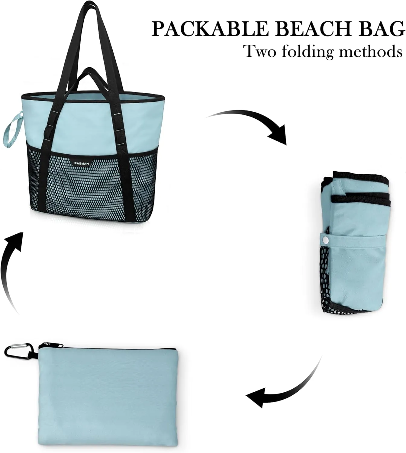 Beach Bag with Zipper - 8 Pockets Sandproof Beach Tote Bag for Women,Foldable Lightweight Family Swim Bag Vacation
