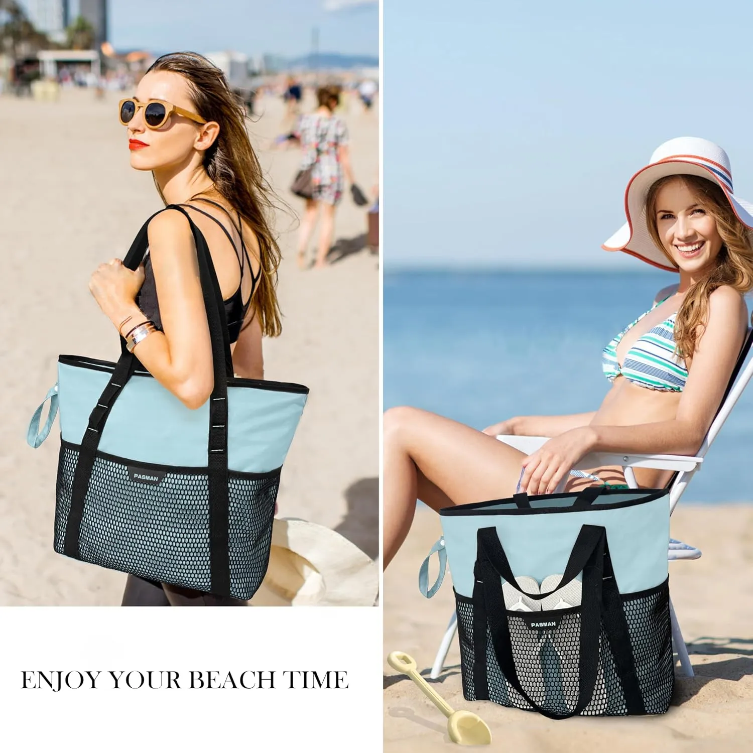 Beach Bag with Zipper - 8 Pockets Sandproof Beach Tote Bag for Women,Foldable Lightweight Family Swim Bag Vacation