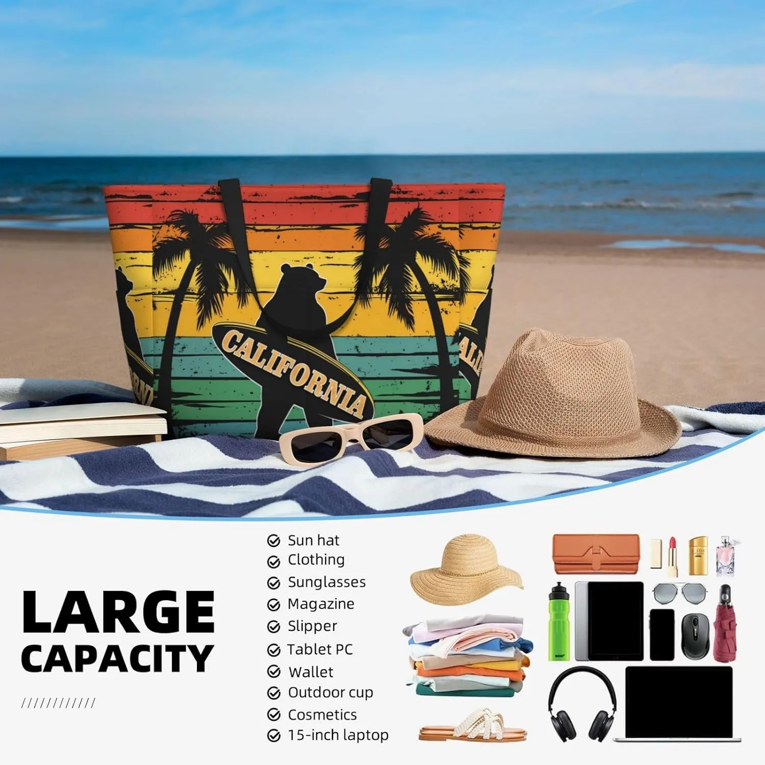 Beach Tote Bag for Women Beach Bag Waterproof and Sandproof Tote Bag with Wet Bag Large Travel Bag for Weekend Travel
