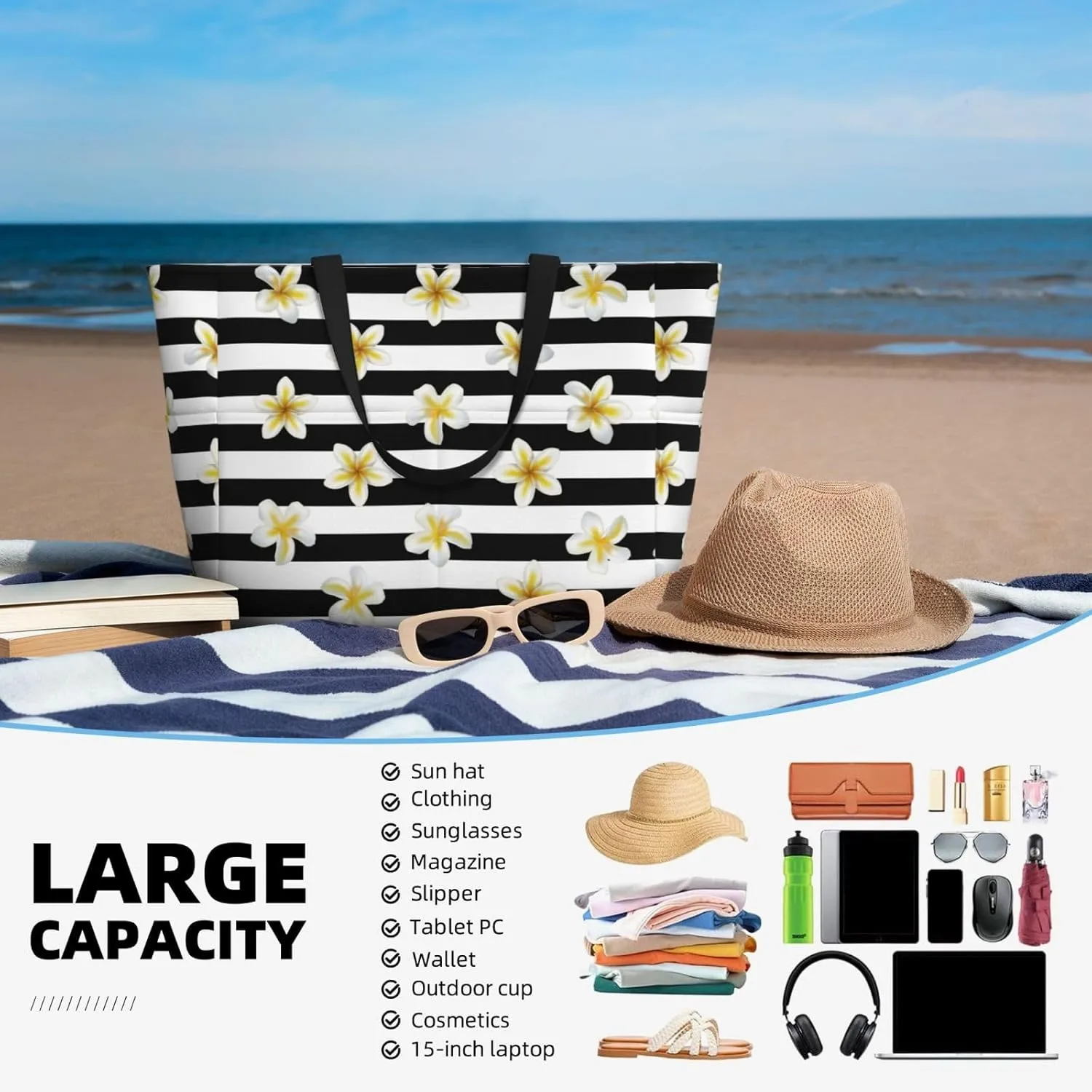 Beach Tote Bag for Women Beach Bag Waterproof and Sandproof Tote Bag with Wet Bag Large Travel Bag for Weekend Travel