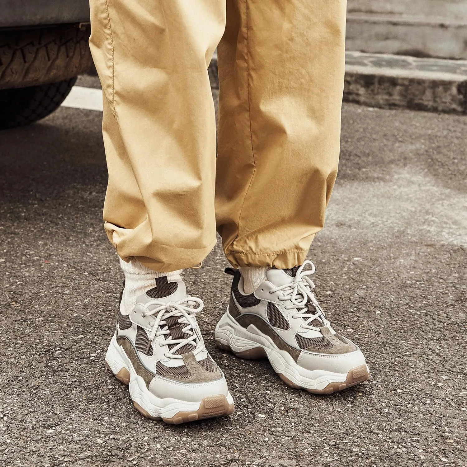BEAU TODAY Chunky Sneakers for Women, Womens Fashion Sneakers, Lace Up Platform Comfortable Leather Casual Dad Shoes