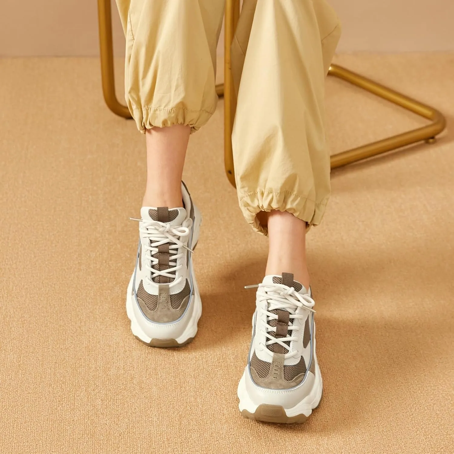 BEAU TODAY Chunky Sneakers for Women, Womens Fashion Sneakers, Lace Up Platform Comfortable Leather Casual Dad Shoes