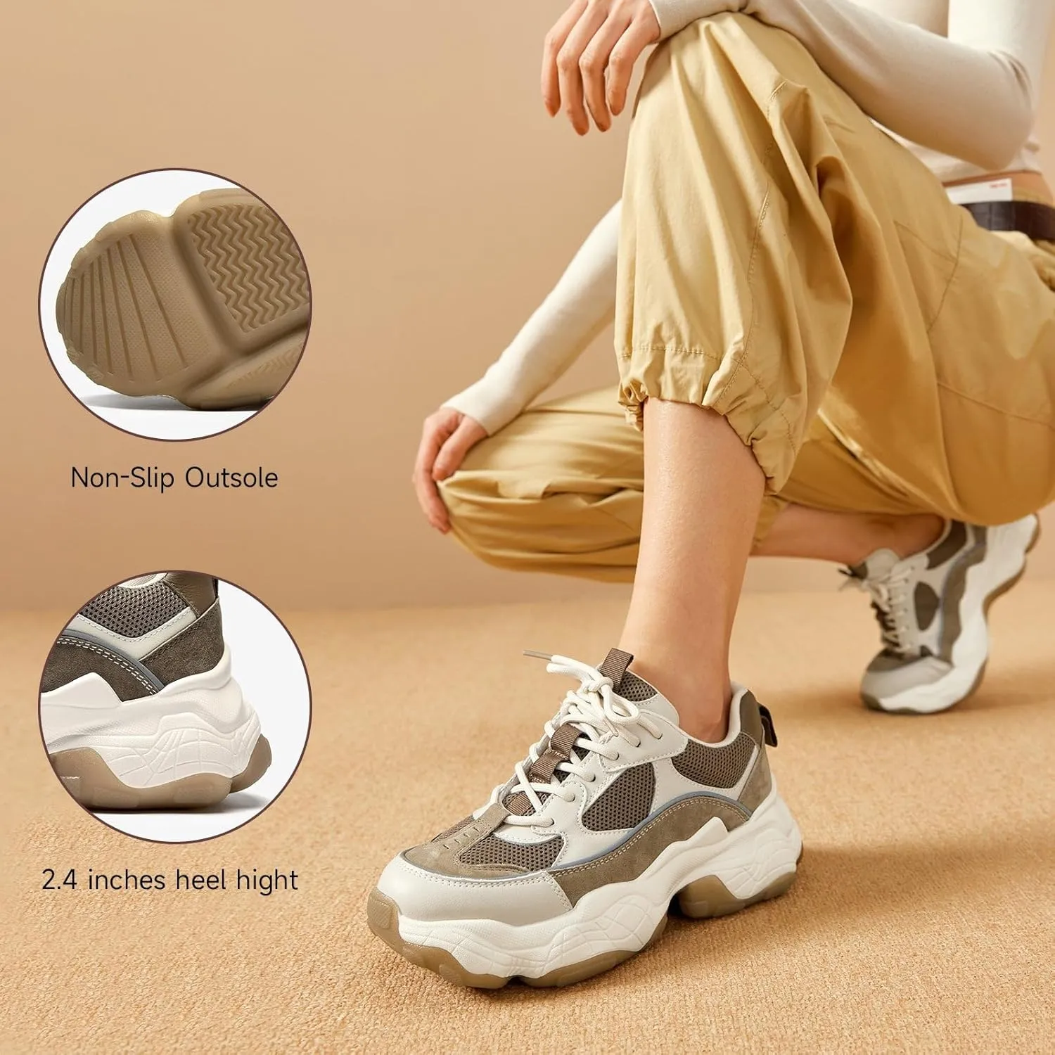 BEAU TODAY Chunky Sneakers for Women, Womens Fashion Sneakers, Lace Up Platform Comfortable Leather Casual Dad Shoes