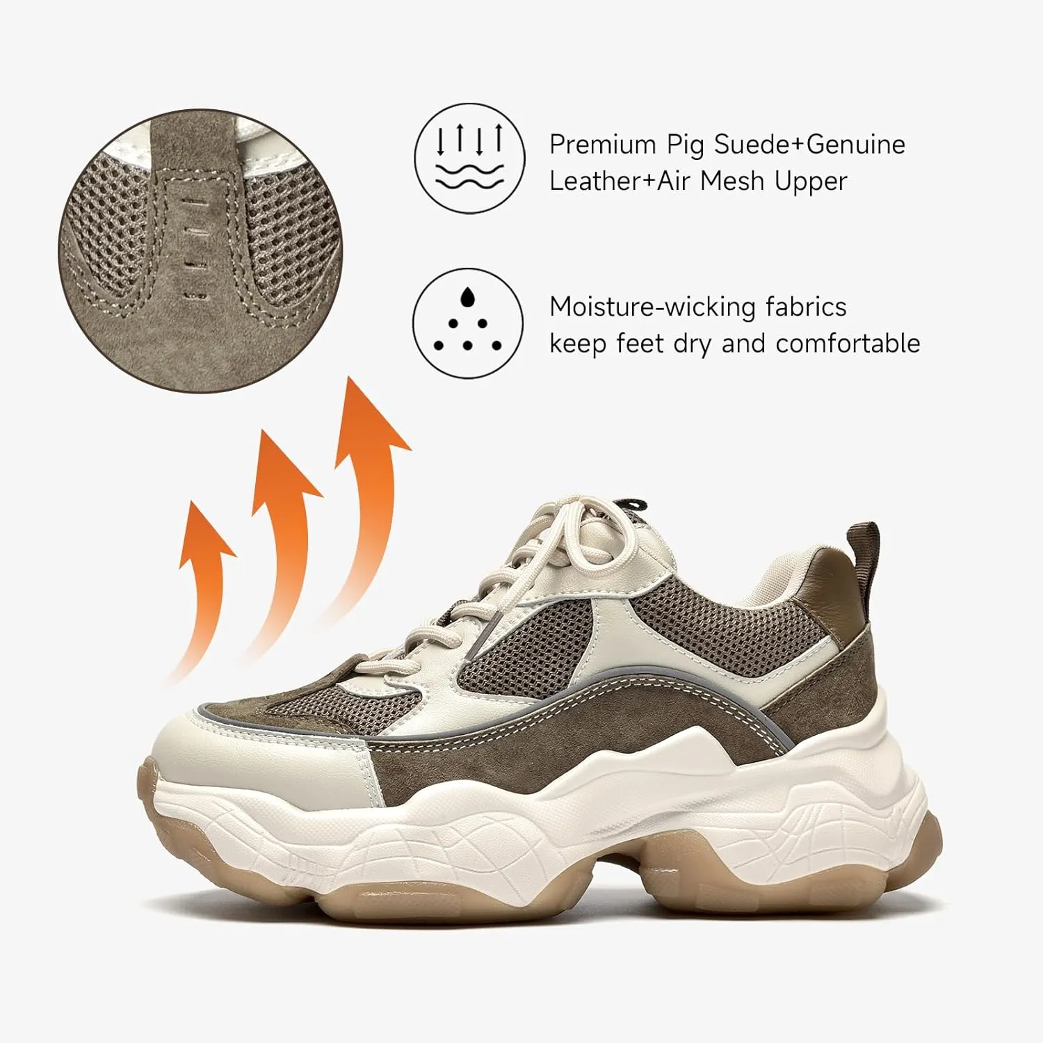 BEAU TODAY Chunky Sneakers for Women, Womens Fashion Sneakers, Lace Up Platform Comfortable Leather Casual Dad Shoes