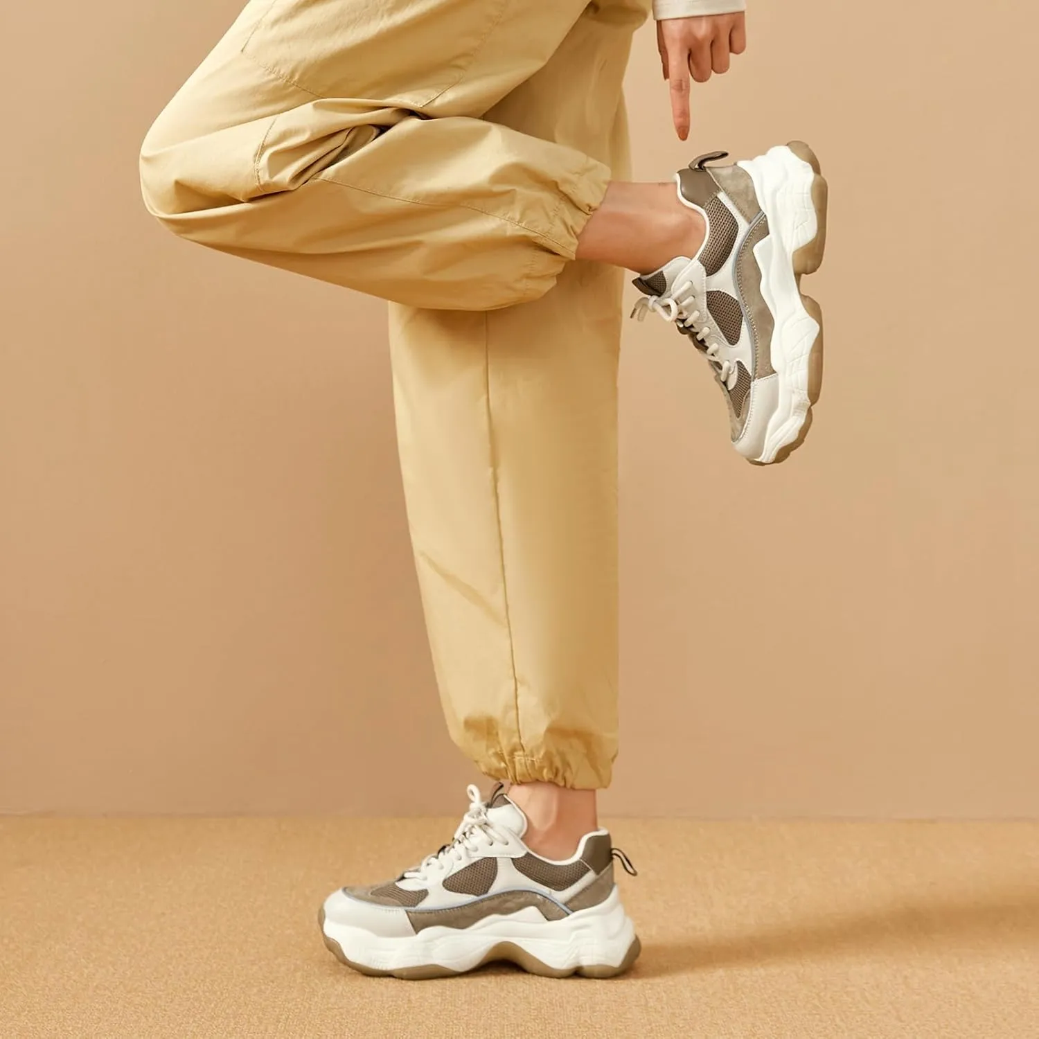 BEAU TODAY Chunky Sneakers for Women, Womens Fashion Sneakers, Lace Up Platform Comfortable Leather Casual Dad Shoes