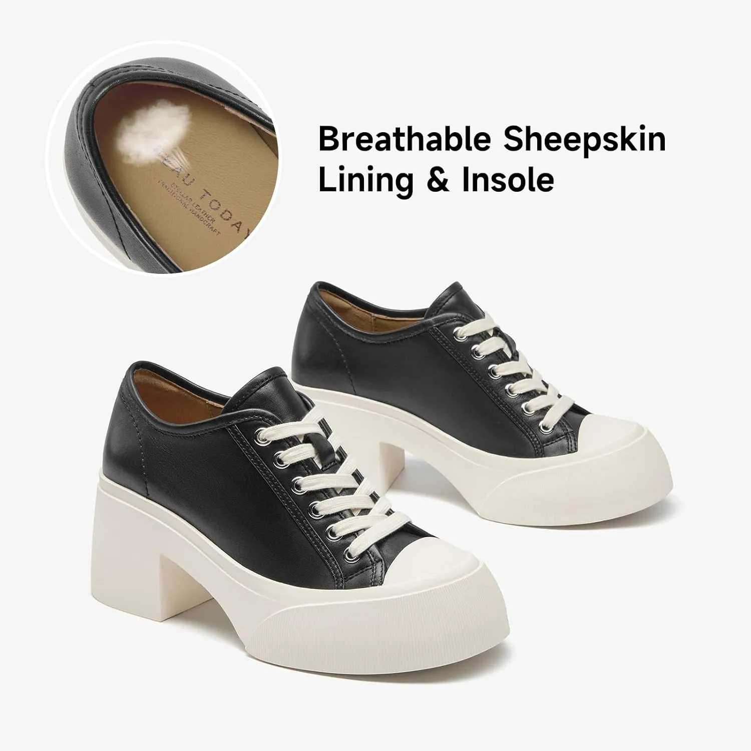 BEAU TODAY Women's Platform Pumps, Genuine Leather Chunky Block Heels for Women, Lace Up Round Toe Oxford Heels for Women, Comfortable Casual Work Office Dress Pumps Shoes