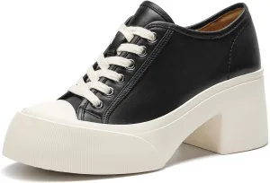 BEAU TODAY Women's Platform Pumps, Genuine Leather Chunky Block Heels for Women, Lace Up Round Toe Oxford Heels for Women, Comfortable Casual Work Office Dress Pumps Shoes