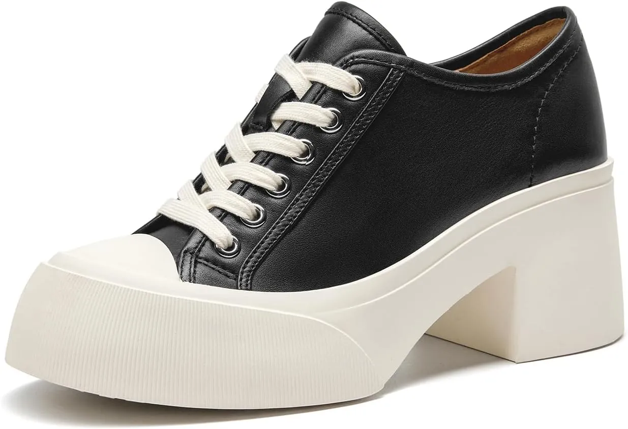 BEAU TODAY Women's Platform Pumps, Genuine Leather Chunky Block Heels for Women, Lace Up Round Toe Oxford Heels for Women, Comfortable Casual Work Office Dress Pumps Shoes