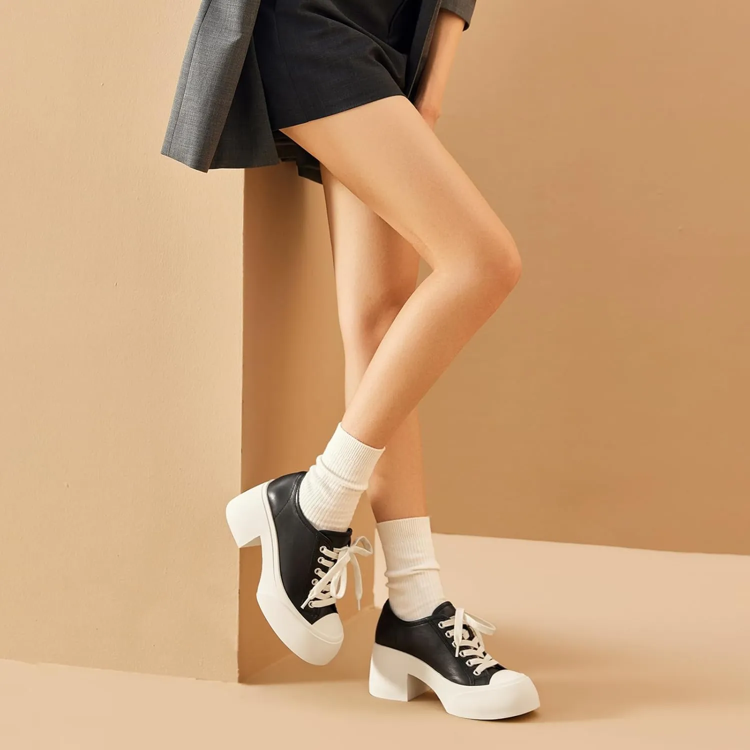 BEAU TODAY Women's Platform Pumps, Genuine Leather Chunky Block Heels for Women, Lace Up Round Toe Oxford Heels for Women, Comfortable Casual Work Office Dress Pumps Shoes
