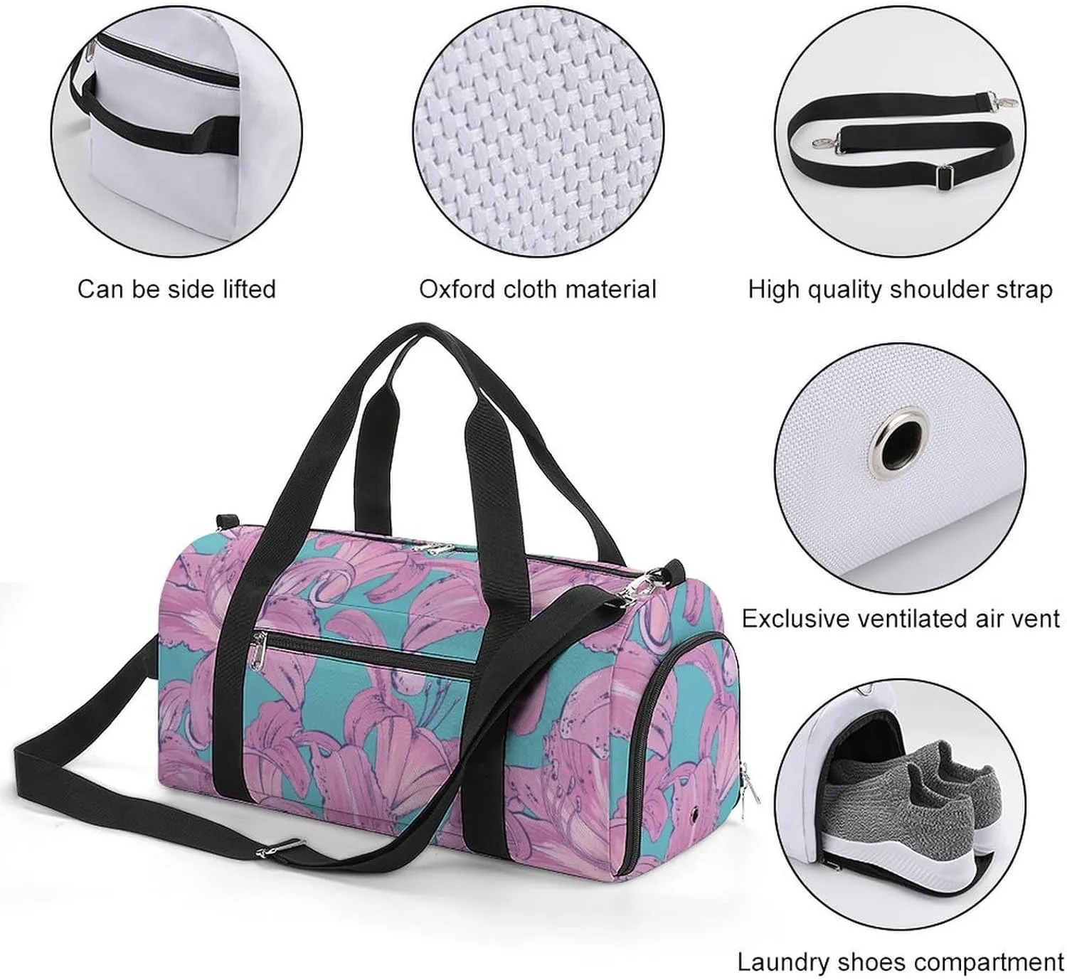 Beautiful Lilies Fitness Large Gym Bag for Unisex with Shoe Compartment & Wet Pocket