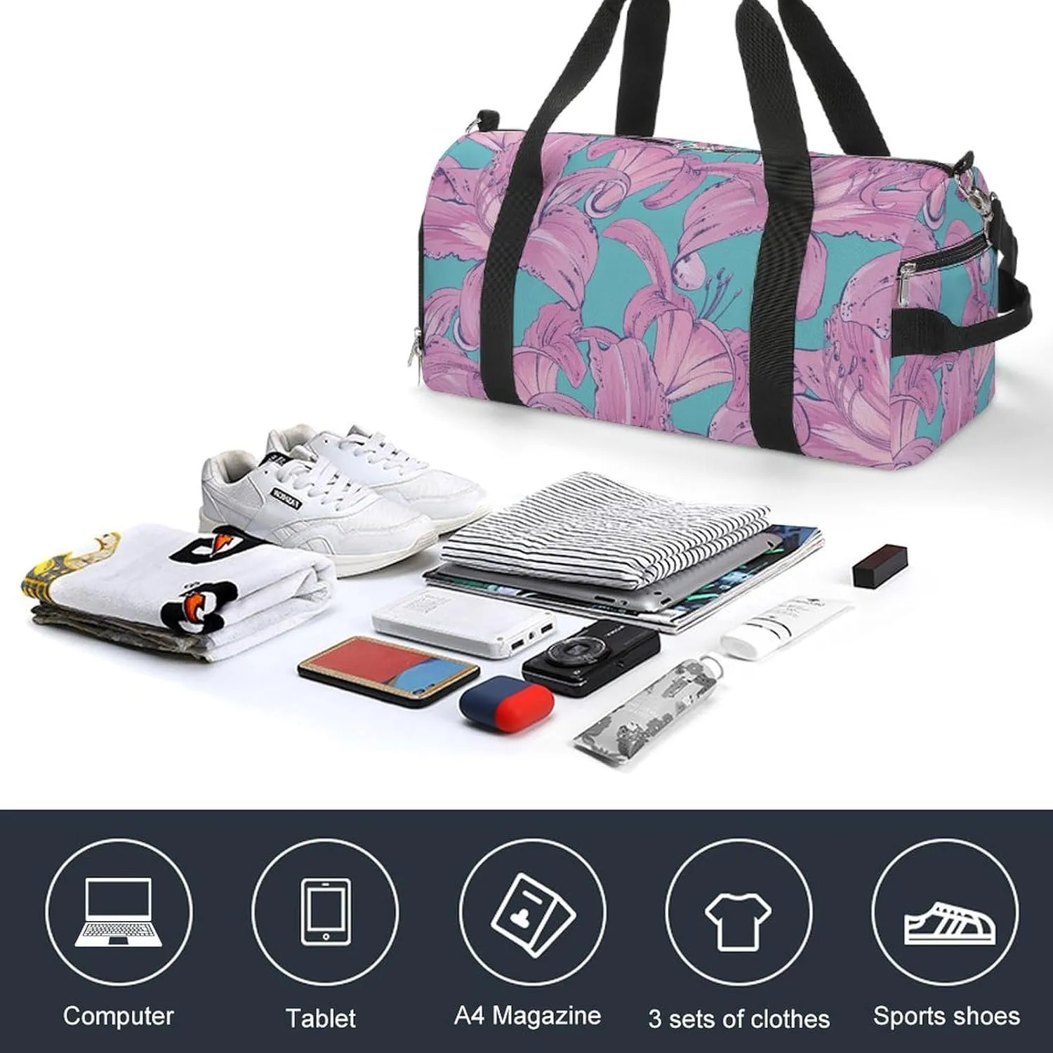 Beautiful Lilies Fitness Large Gym Bag for Unisex with Shoe Compartment & Wet Pocket