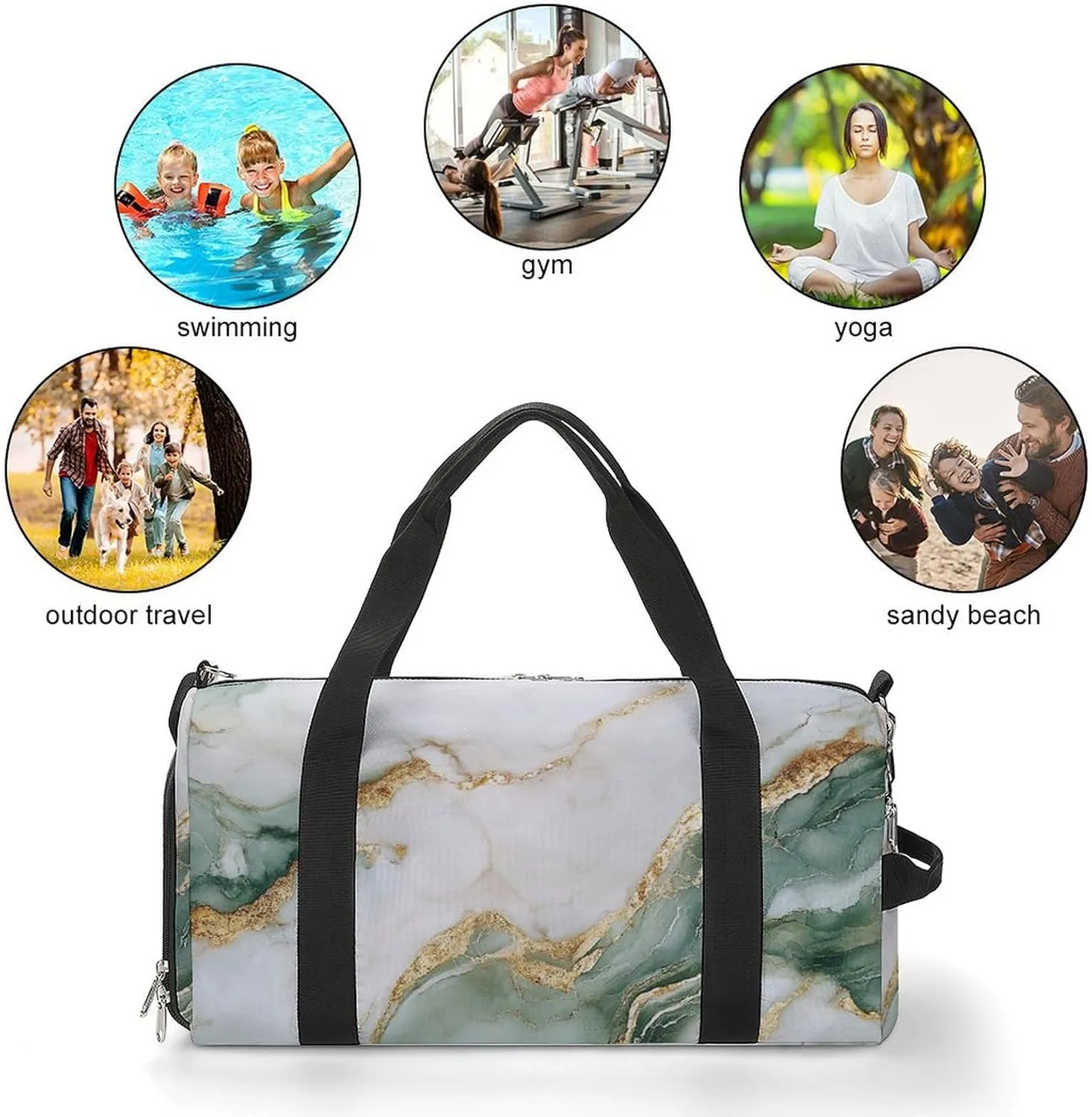 Beautiful White And Green Marble Fitness Large Gym Bag for Unisex with Shoe Compartment & Wet Pocket