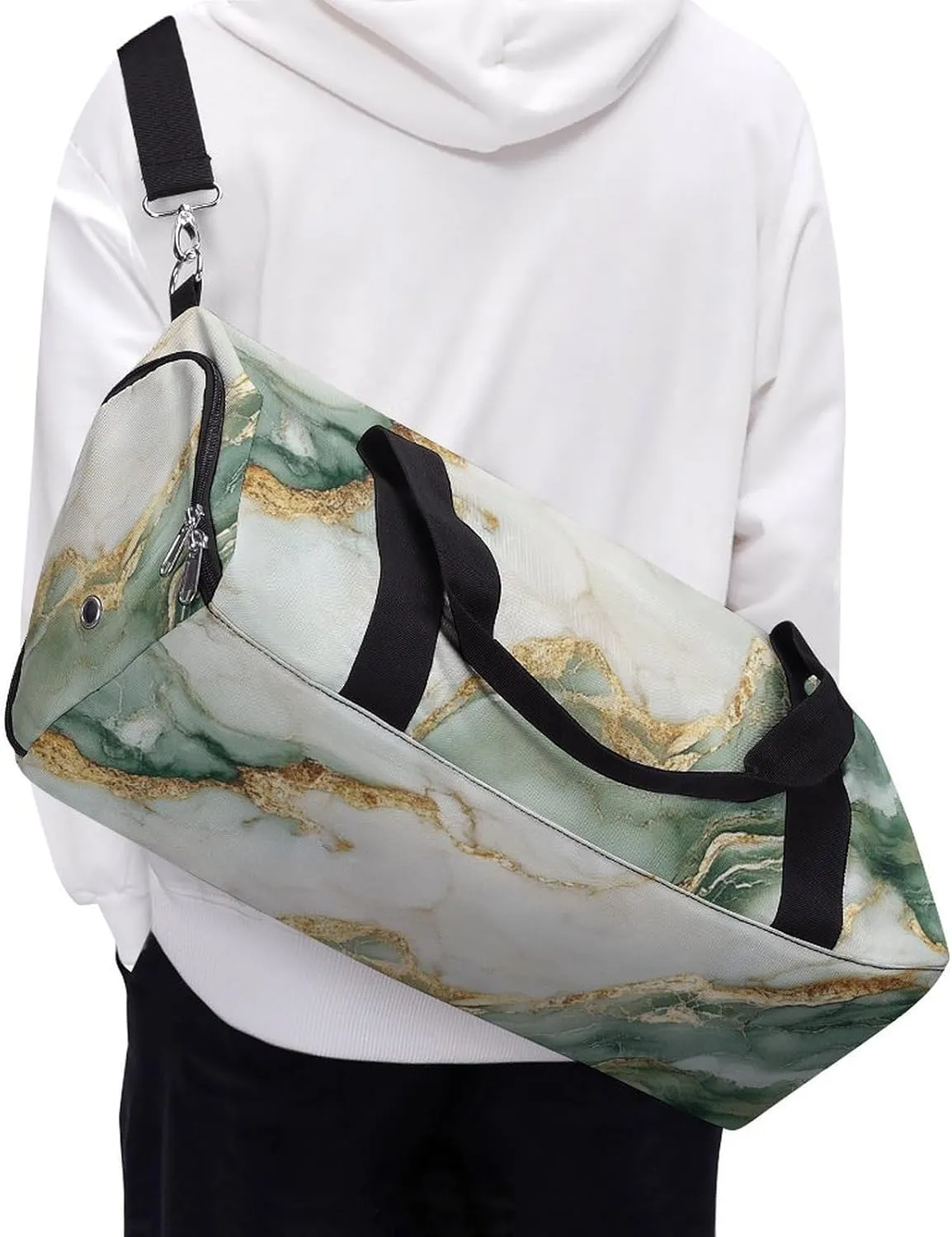 Beautiful White And Green Marble Fitness Large Gym Bag for Unisex with Shoe Compartment & Wet Pocket