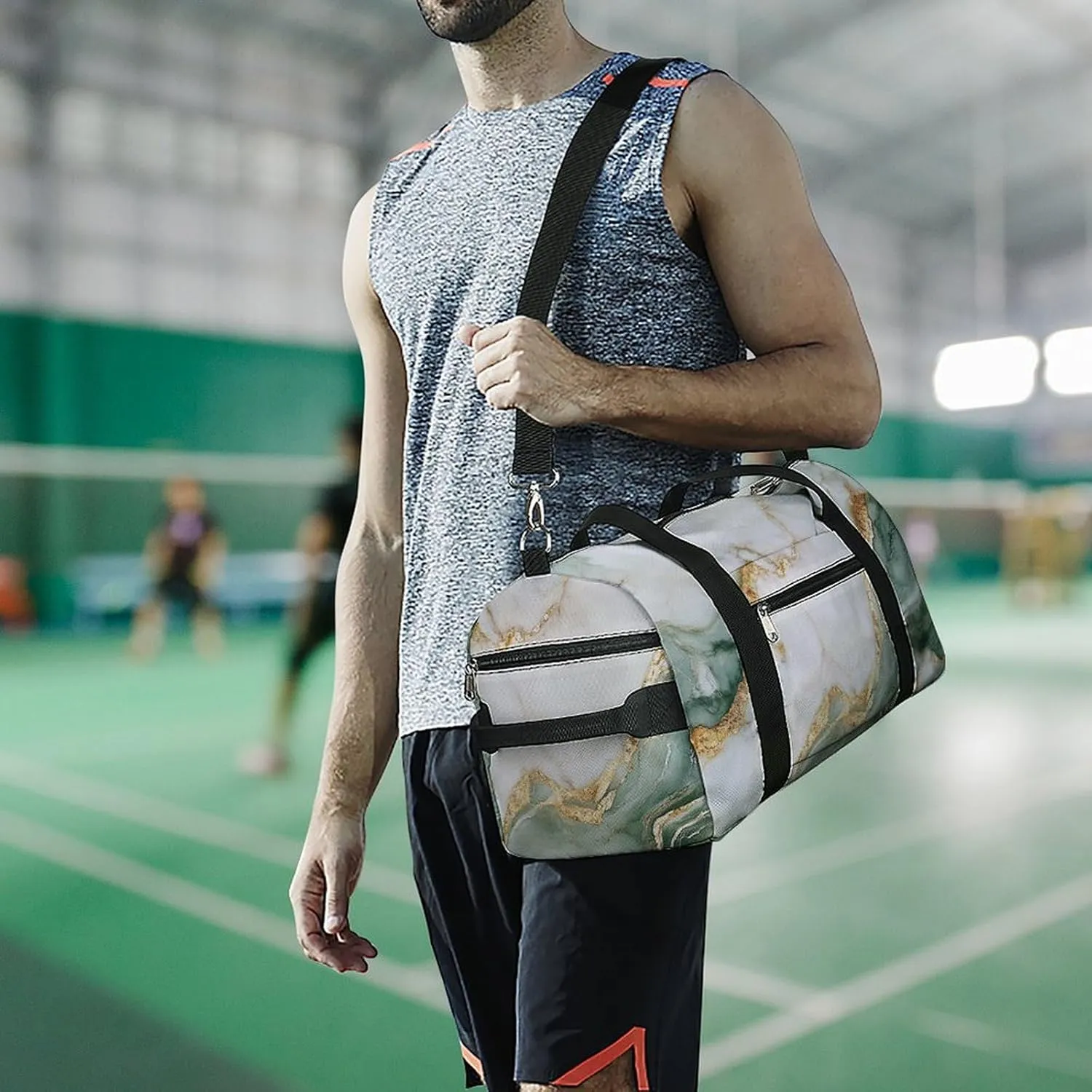Beautiful White And Green Marble Fitness Large Gym Bag for Unisex with Shoe Compartment & Wet Pocket