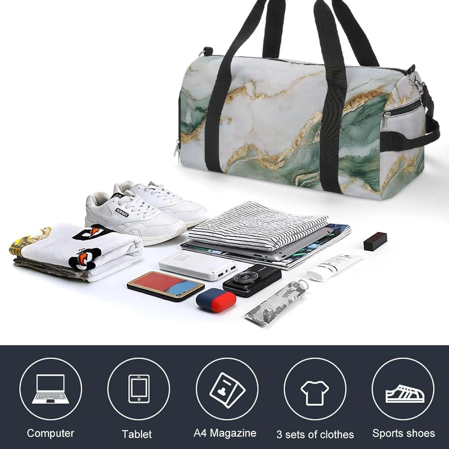 Beautiful White And Green Marble Fitness Large Gym Bag for Unisex with Shoe Compartment & Wet Pocket